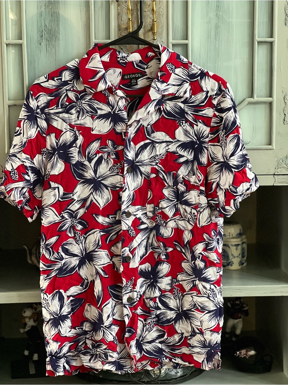 George Red Floral Short Sleeve Button-Down Shirt